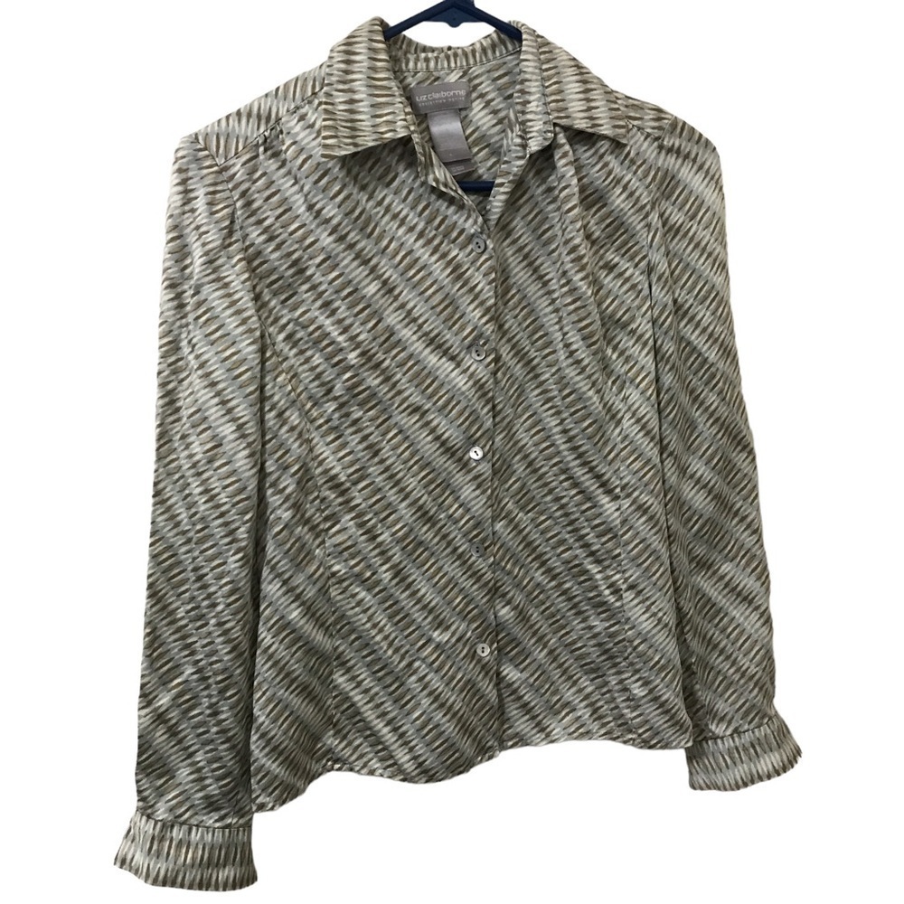 Liz Claiborne 100% Silk Blue Gray White Print Button Down Long Sleeve Blouse